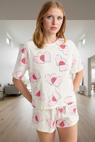 PayBuy Women's Heart Cotton Short Sleeve Pajama Set Comfortable Home Wear for Summer Daily Use and Stylish