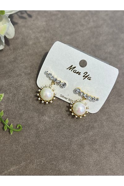 VİYA Gold Pearl Stone Steel Earrings