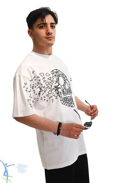 sermoda Loose Cut Skull Patterned Unisex T-Shirt T-Shirt over Size T-Shirt White