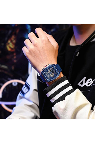 Curren Ceas bărbătesc 8442, Cronograf Sport Quartz, Casual, Curea Silicon Albastru, Design Modern