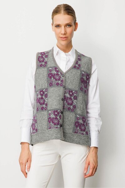 Desen Triko Women's Pıtırcık Floral Patchwork Felt Wool Vest Y.Smoked_A.Purple