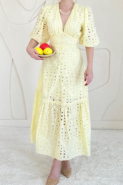 Elbee Fashion Woman Balloon Sleeve Detailed Low-Cut Brode Dress
