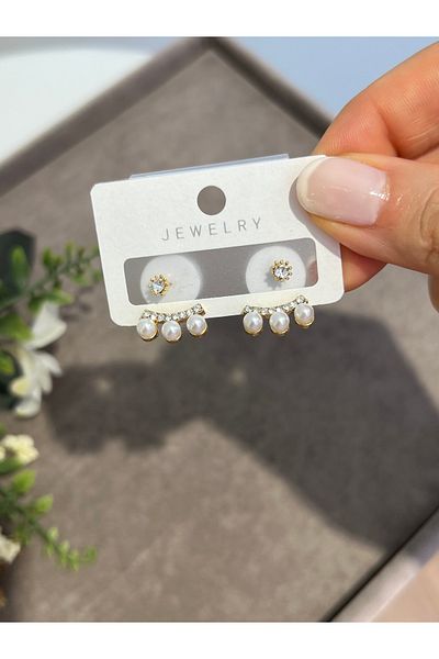VİYA Gold Pearl Stone Steel Earrings