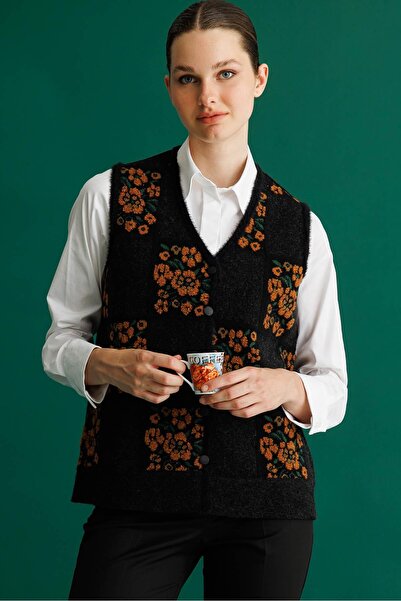 Desen Triko Women's Pıtırcık Floral Patchwork Felt Wool Vest Black_Cinnamon