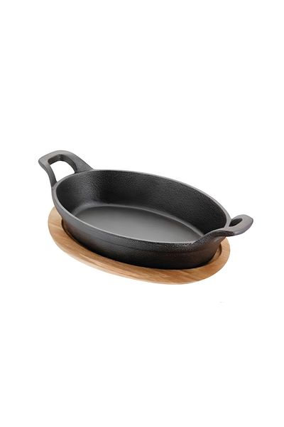 Blackstone Cast Iron Mini Oval Skillet with Wooden Sizzler Plate, 18cm - Ideal for Sizzling and Grilling
