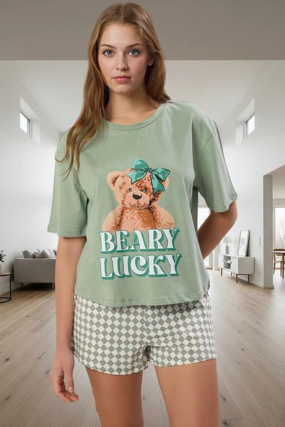 PayBuy Women's Teddy Bear Cotton Pajama Set Relaxed Fit Short Sleeve for Daily Use
