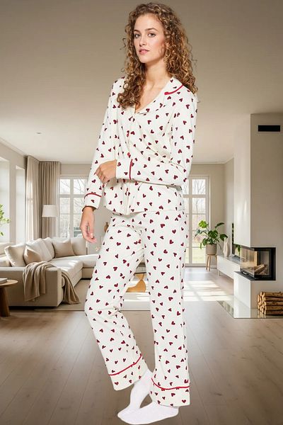 PayBuy Women's Heart Patterned Cotton Pajamas Set Comfortable Home Wear Set Winter Season Use