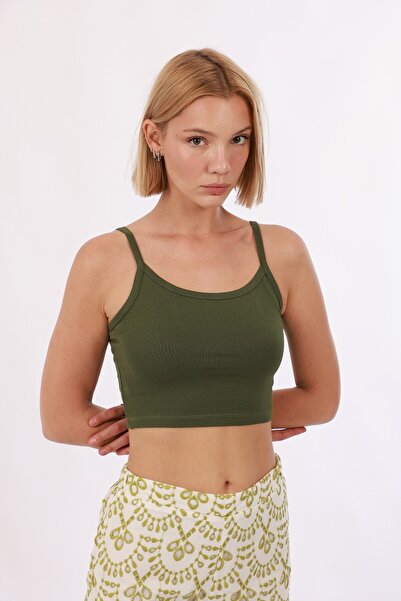 Yade Fashion Kadın Askılı Crop 2’li Set – Haki Kırmızı