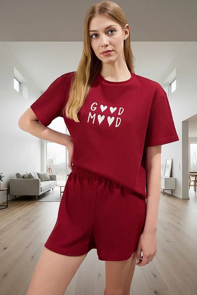 PayBuy Women's Waffle Pajamas Set Good Mood Pattern Short Sleeve Perfect Fit Stylish Appearance Special Design