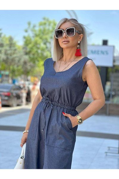 Kokoşum Butik 29911 Elastic Waist Jean Jumpsuit Navy Blue