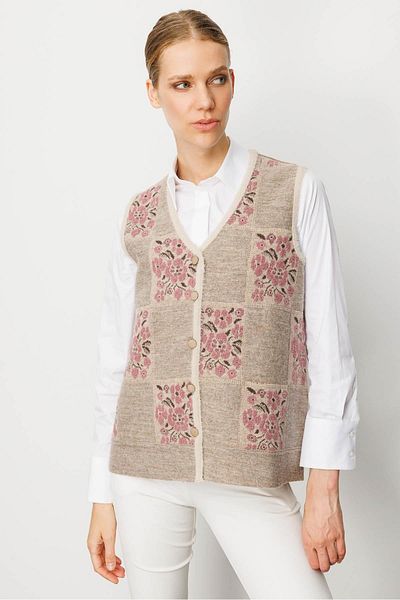 Desen Triko Women's Pıtırcık Flower-Patterned Patchwork Felt Wool Vest Beige_Y.G..Kurusu