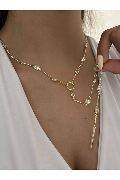 MyladyAccessoriess Row Baguette Stone Detailed Y Steel Necklace
