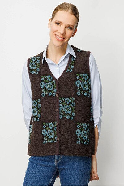 Desen Triko Women's Pıtırcık Floral Patchwork Felt Wool Vest Dark Brown_M.Green