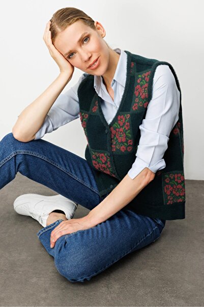 Desen Triko Women's Pıtırcık Floral Patchwork Felt Wool Vest Green_K.G.Kurusu