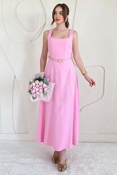 Elbee Fashion Woman Atlas Fabric Dress with Belt Detail