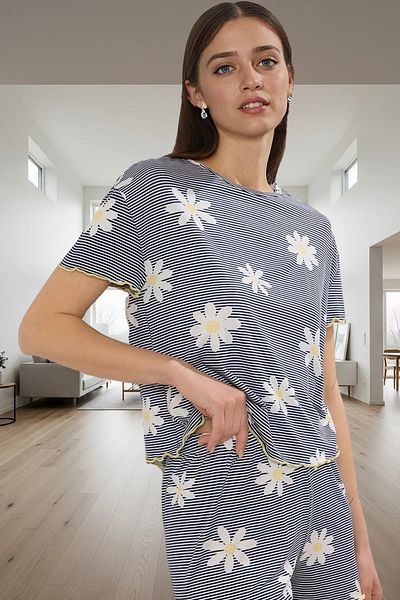 PayBuy Women's Summer Short Sleeve Floral Shorts Pajamas Set Viscose Knitted Comfortable Home Wear for Daily Use
