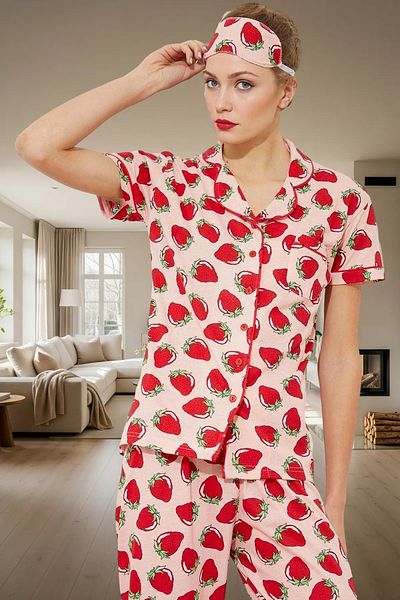 PayBuy Women's Strawberry Pattern Knitted Pajamas Set Comfortable Sleep Set Durable Material Long Lasting