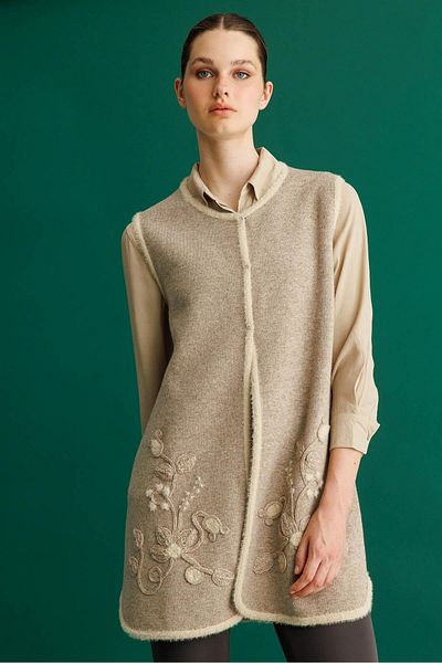 Desen Triko Women's O-Neck Floral Long Wool Vest K.Beige
