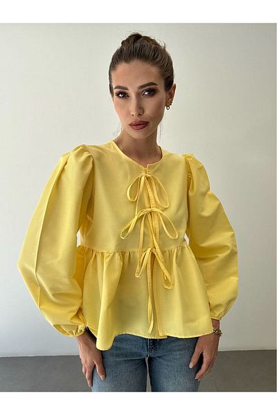 GALAVİP Women's Crew Neck Bow Tie Princess Sleeve Poplin Blouse