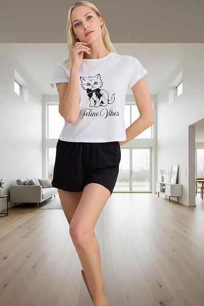 PayBuy Women's Cat Printed Viscose Pajamas Set Casual with Shorts Summer Knitted Elegant Design Stylish Appearance
