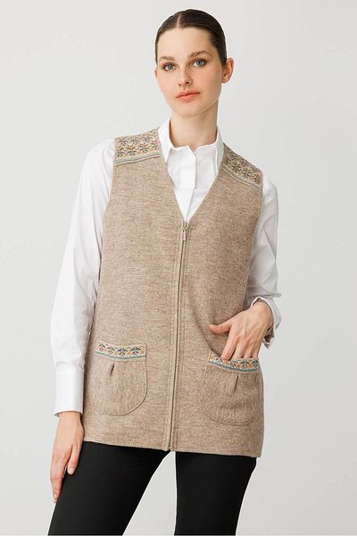 Desen Triko Women's V-Neck Front Felt Zippered Short Wool Vest K.Beige