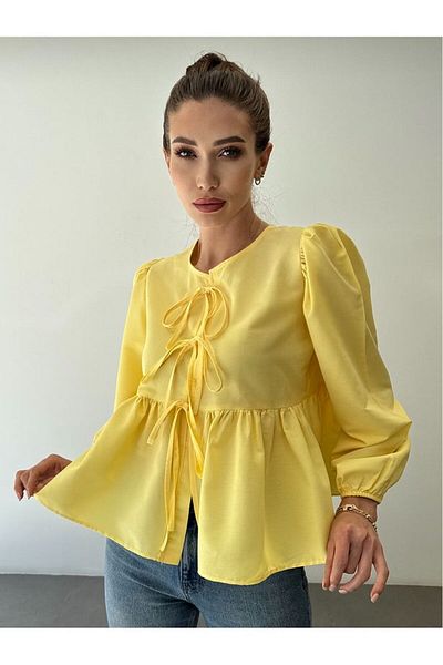 GALAVİP Women's Crew Neck Bow Tie Princess Sleeve Poplin Blouse