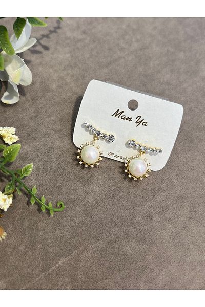 VİYA Gold Pearl Stone Steel Earrings