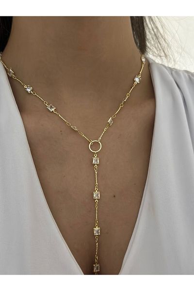 MyladyAccessoriess Row Baguette Stone Detailed Y Steel Necklace