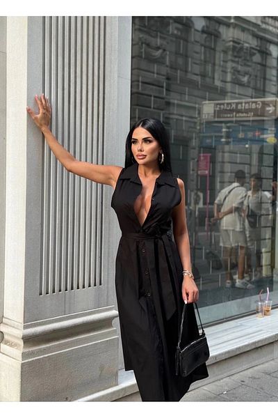 Bak Moda Belted Collar Buttoned Black Dress