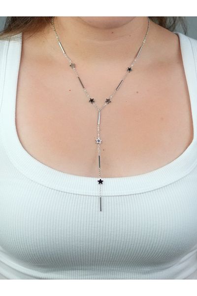 Sumen Butik Y Necklace Star Figured Silver and Gold Color Steel