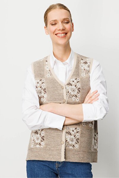 Desen Triko Women's Pıtırcık Floral Patchwork Felt Wool Vest Beige_Bone