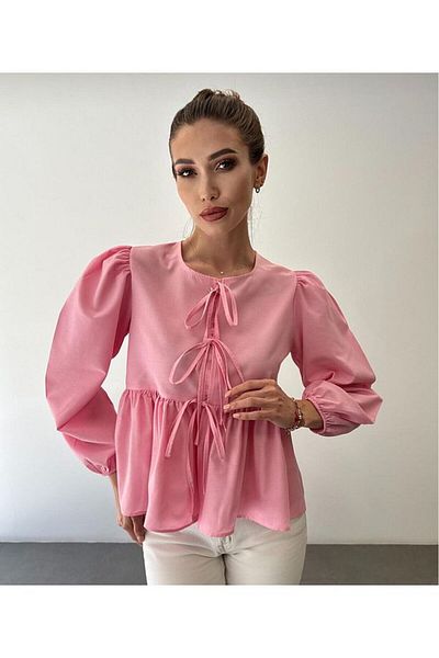GALAVİP Women's Crew Neck Bow Tie Princess Sleeve Poplin Blouse