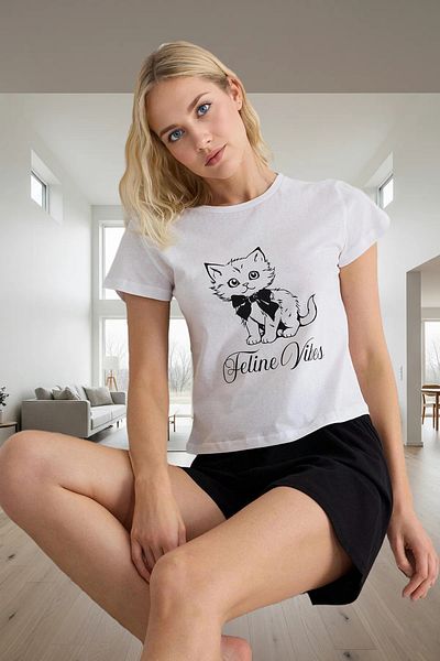 PayBuy Women's Cat Printed Viscose Pajamas Set Casual with Shorts Summer Knitted Elegant Design Stylish Appearance