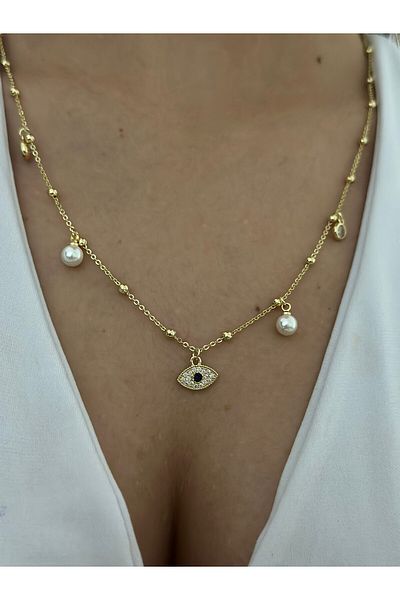 MyladyAccessoriess Pearl and Eye Detail Steel Charm Necklace