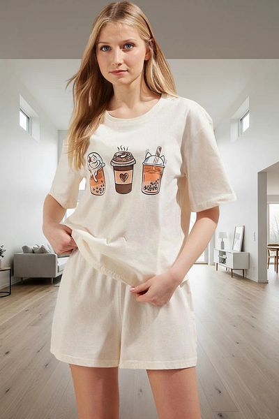 PayBuy Women's Cotton Coffee Printed Short Sleeve Pajama Set Comfortable Cut Elegant Design