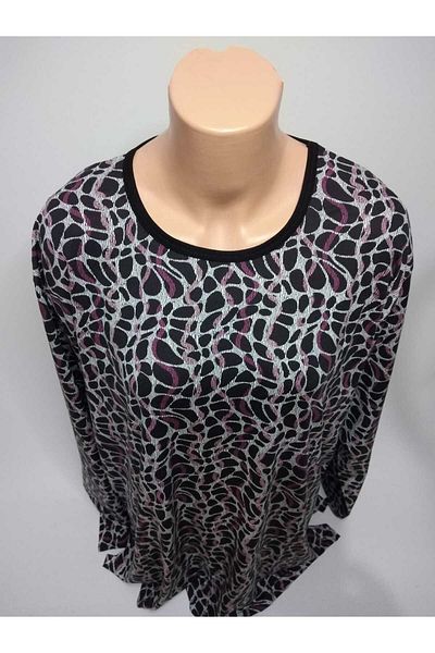 YAŞAR TRİKO Women's Black Beige Lilac Crew Neck Long Sleeve Patterned Slit Woven Viscose Mother Combed Cotton T-Shirt