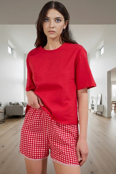 PayBuy Women's Plaid Crew Neck Short Sleeve Viscose Pajamas Set Elegant Design Long Lasting