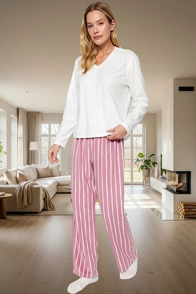 PayBuy Women's Winter Long Sleeve Fleece Pajamas Set Striped Regular Fit Elegant Design