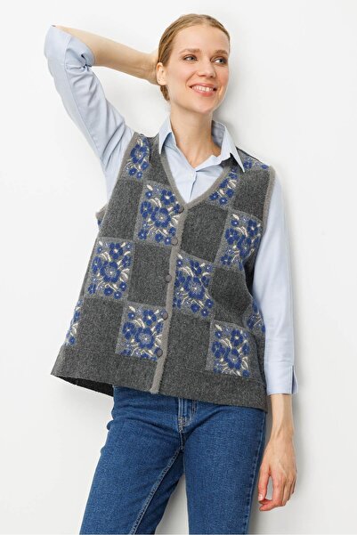 Desen Triko Women's Pıtırcık Floral Patchwork Felt Wool Vest Smoked_Blue