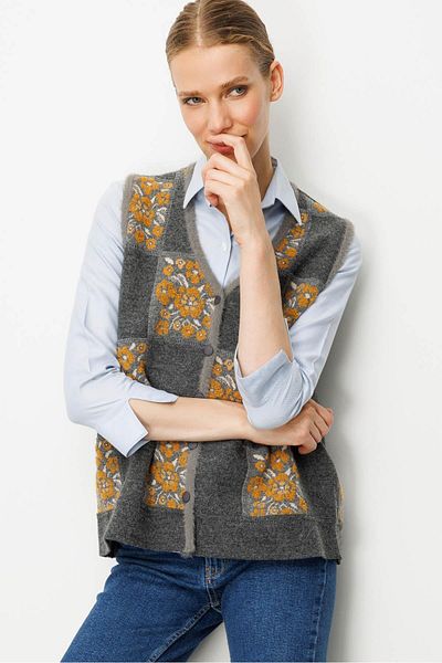 Desen Triko Women's Pıtırcık Floral Patchwork Felt Wool Vest Smoked_Mustard