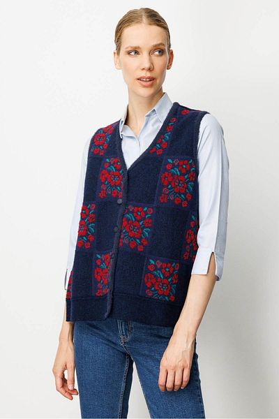 Desen Triko Women's Pıtırcık Floral Patchwork Felt Wool Vest Y.A.Lacivert_K.Red