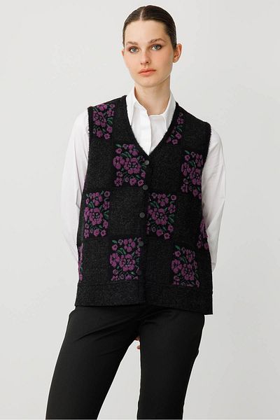 Desen Triko Women's Pıtırcık Floral Patchwork Felt Wool Vest Black_A.Purple