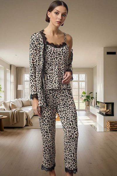 PayBuy Women's Leopard Patterned 3-Piece Pajama Set, Thin Strap Camisole Fabric, Comfortable and Stylish, Carefully Selected