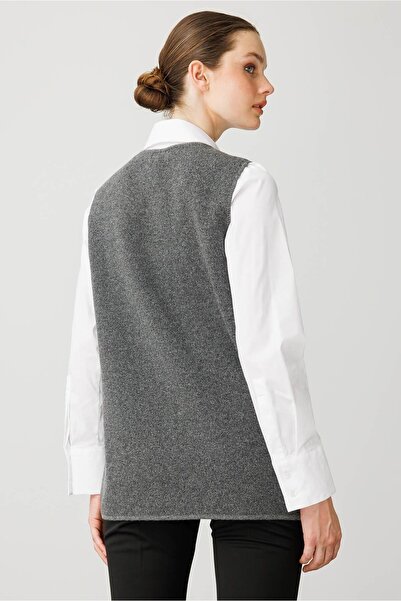 Desen Triko Women's Crew Neck Front Embroidered Wool Vest Smoked