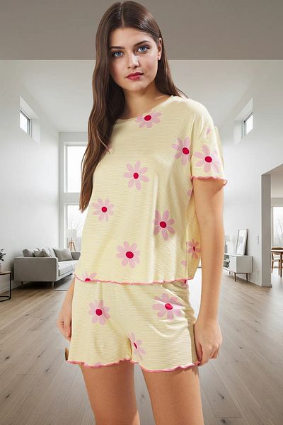 PayBuy Women's Summer Short Sleeve Floral Shorts Pajamas Set Viscose Knitted Comfortable Home Wear for Daily Use