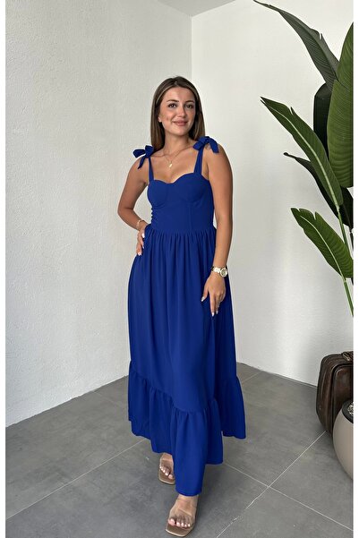asfamoda Rochie de damă albastră cu bretele reglabile, cu volane, lungime midi