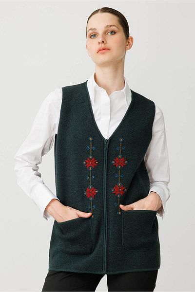 Desen Triko Women's V-Neck Embroidery Embroidered Short Wool Vest Green