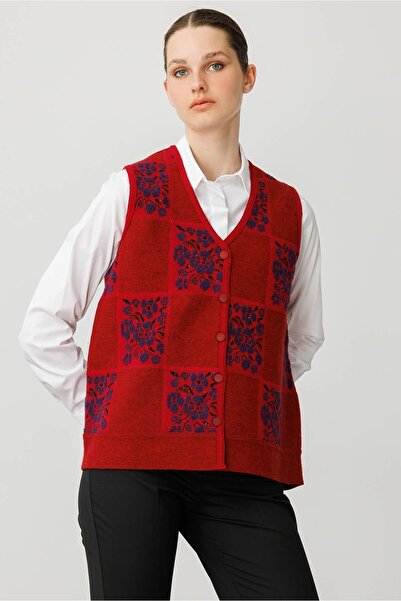 Desen Triko Women's Pıtırcık Floral Patchwork Felt Wool Vest Y.Red_K.Mor