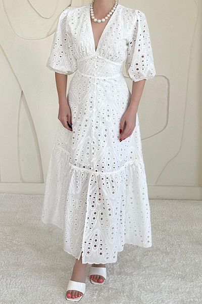 Elbee Fashion Woman Balloon Sleeve Detailed Low-Cut Brode Dress