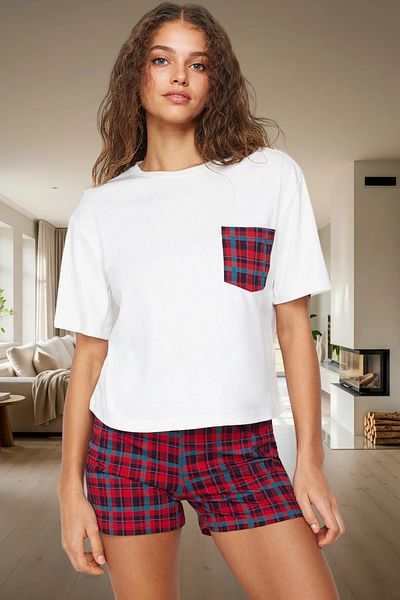 PayBuy Women's Short Sleeve Cotton Plaid Pajamas Set Comfortable Home Wear Summer Quality Craftsmanship Trend Design